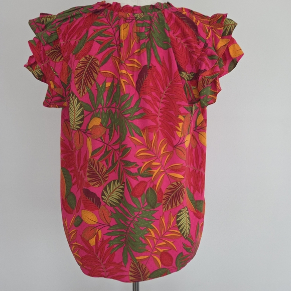 Rose & Olive Hot Pink Tropical Tie-Neck Cap Sleeve Top Size L - Picture 2 of 5